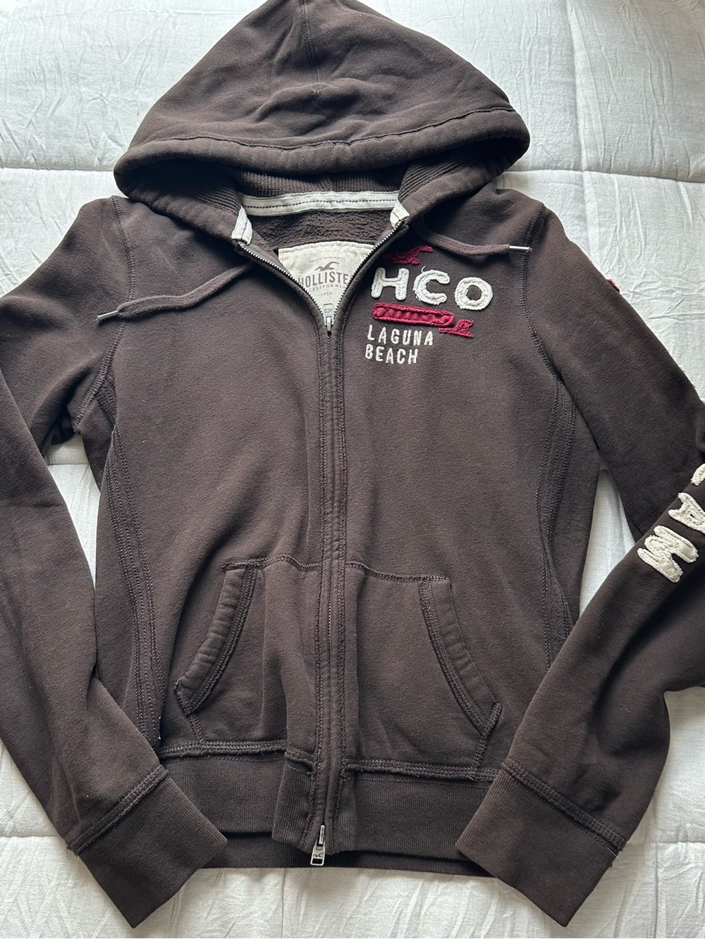 Hollister Brown Zip Hoodie with Red Embroidery